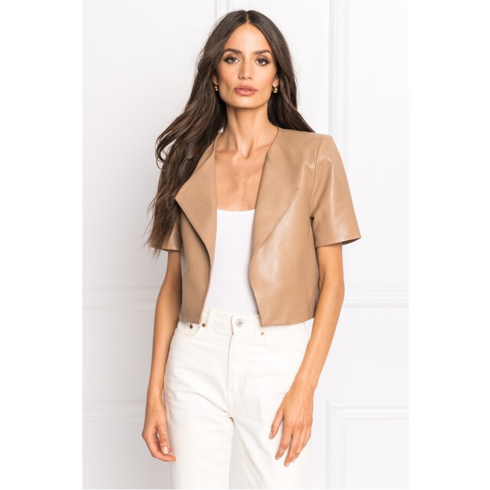 Lamarque Tan Leather Cropped Jacket with Cap Sleeves
